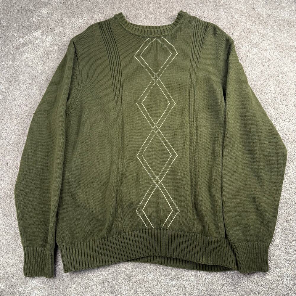 Geoffrey Beene Diamond Cable Knit Sweater Size XL Olive Green Cotton Crew Neck